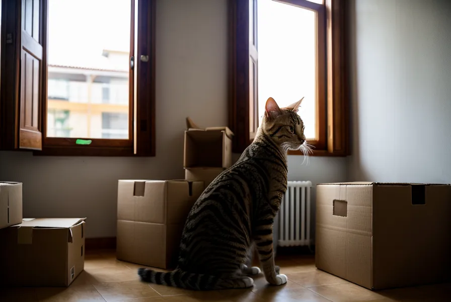 Gato tabby escondido entre cajas de mudanza de cartón en un departamento.