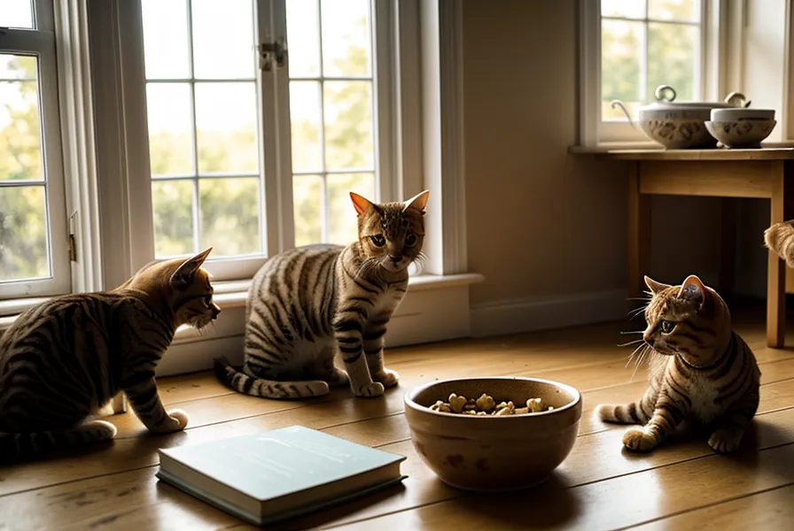 Dos gatos comiendo tranquilamente en su nuevo hogar después de la mudanza.