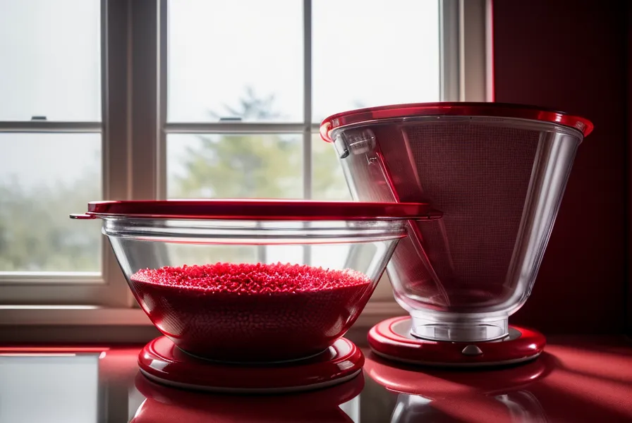 Balanza de cocina digital con números rojos reflejada en un ventanal con neblina de Valparaíso.