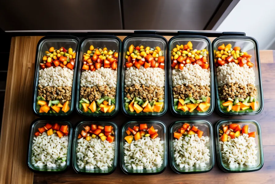 Recipientes de vidrio con porciones balanceadas de comida casera para perro listas para la semana.