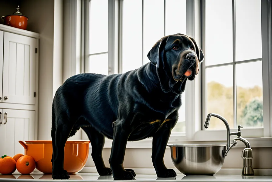 Perra labradora esperando su comida casera en una cocina de Valparaíso.
