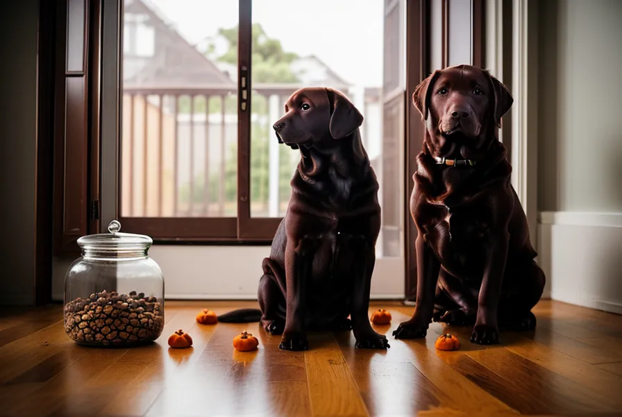 Perro labrador esperando sus galletas de Halloween naturales guardadas en un frasco.