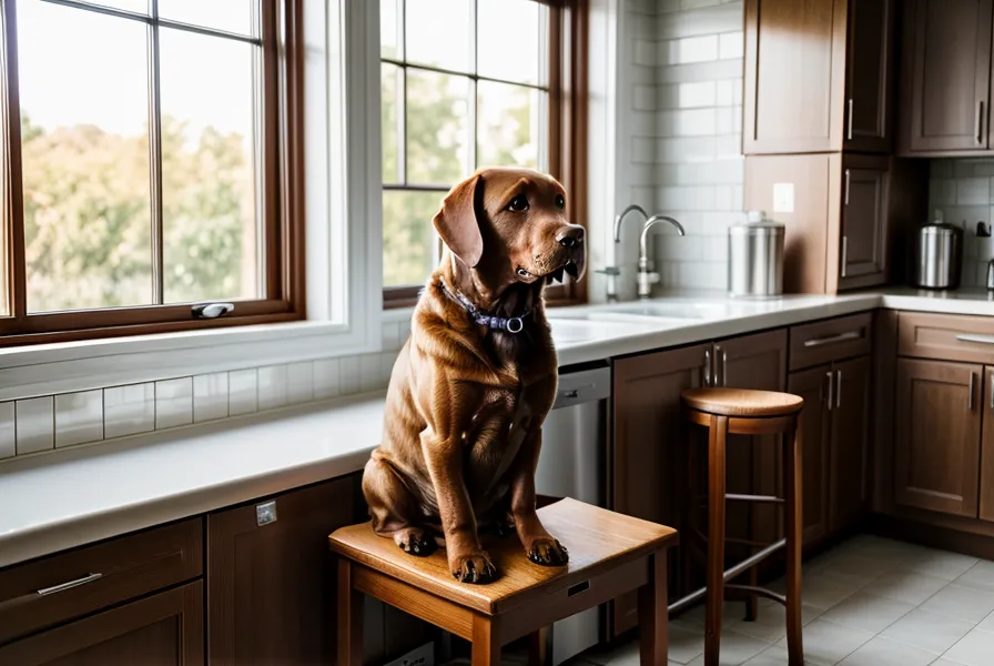 Perra labradora esperando pacientemente su comida en una cocina de Valparaíso.