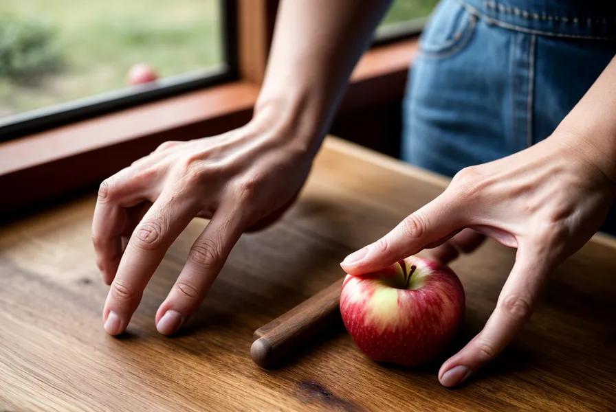 Manos quitando las semillas de una manzana roja sobre una tabla de madera.