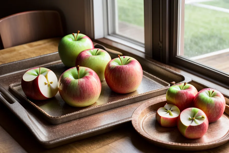 Láminas de manzana dispuestas en una bandeja de horno con papel mantequilla.