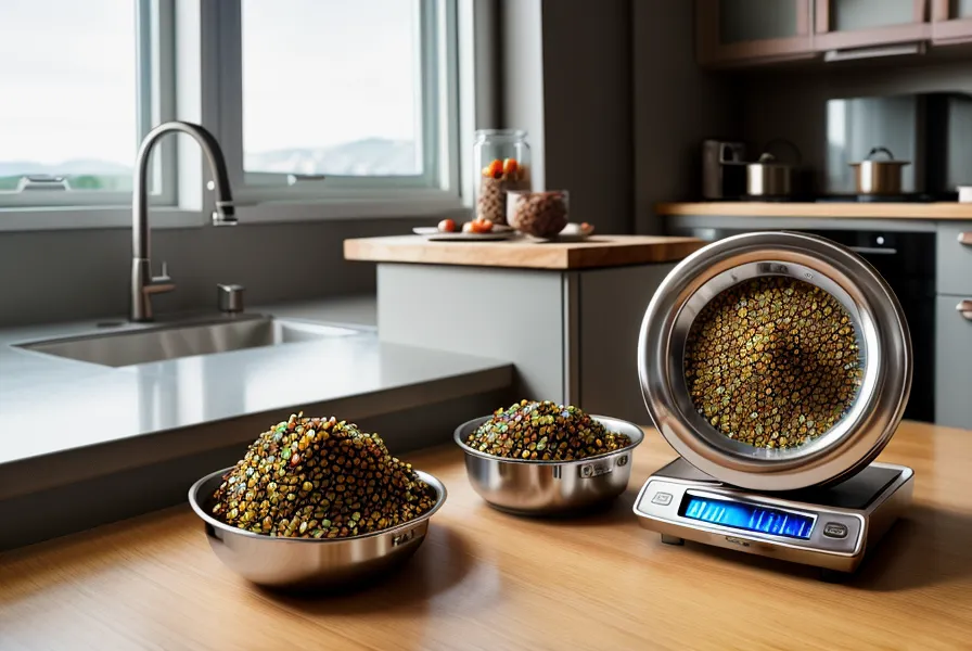 Báscula de cocina digital pesando snacks de hígado deshidratado para gatos.