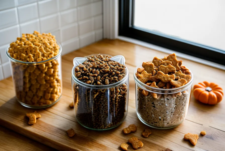 Recipientes de vidrio con diferentes snacks caseros para gatos organizados en la cocina.