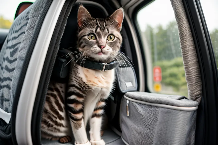 Transportín de gato asegurado con cinturón de seguridad en el asiento trasero de un auto.