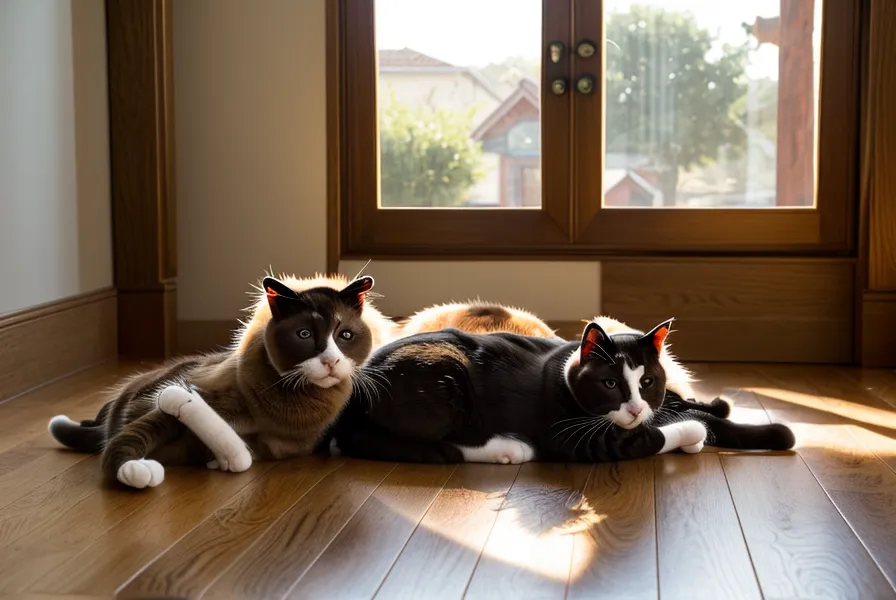 Gatos descansando en sus transportines abiertos tras un viaje largo por carretera.
