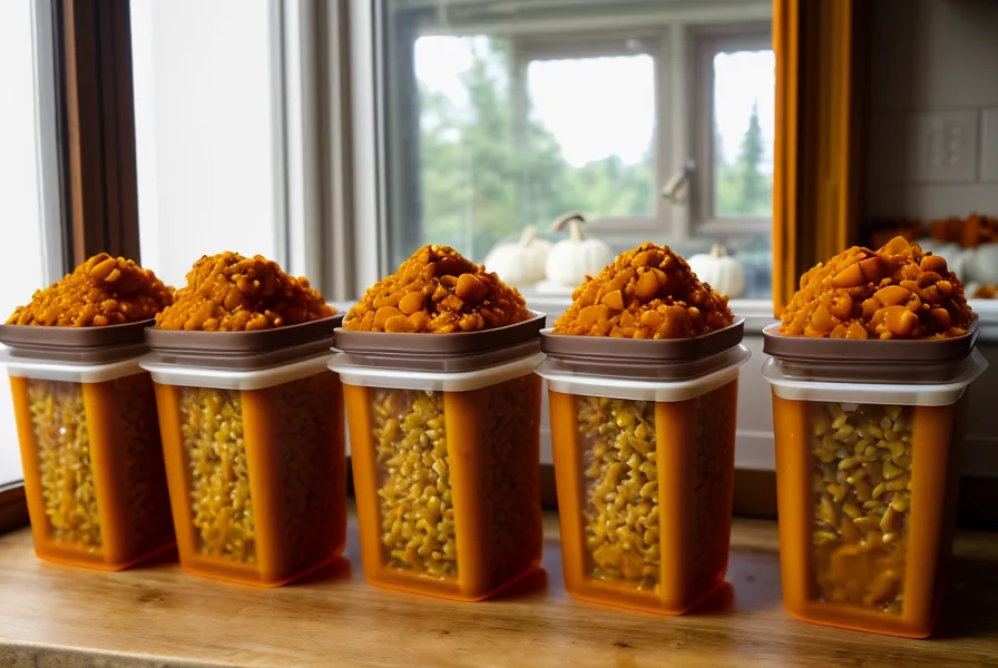 Contenedores de comida casera preparada para perro con zapallo, arroz y vísceras.