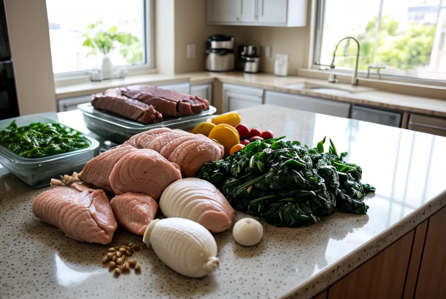 Ingredientes variados como arroz y vísceras junto a una báscula de cocina en un mesón.