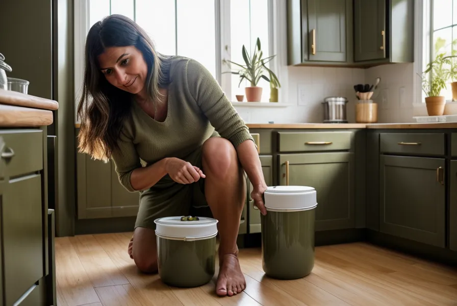 Adriana pesando raciones en su cocina de Valparaíso con su perra Olivia esperando.