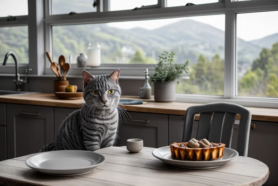 Gato tabby observando con juicio un plato de comida casera en una cocina soleada.