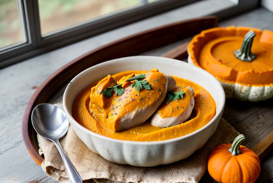 Textura suave de puré de pollo y zapallo para gatos en plato cerámico.
