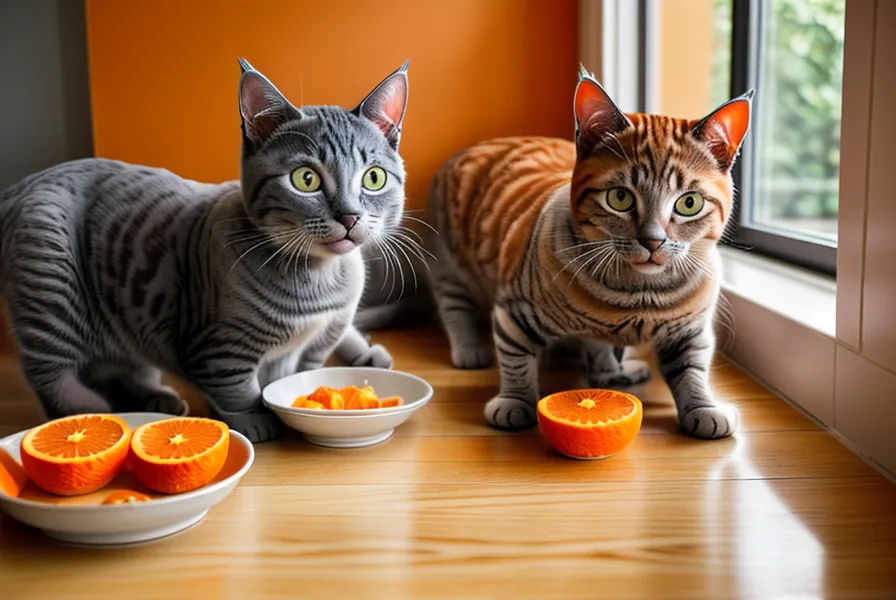 Dos gatos comiendo juntos comida casera en el suelo de una cocina en Valparaíso.