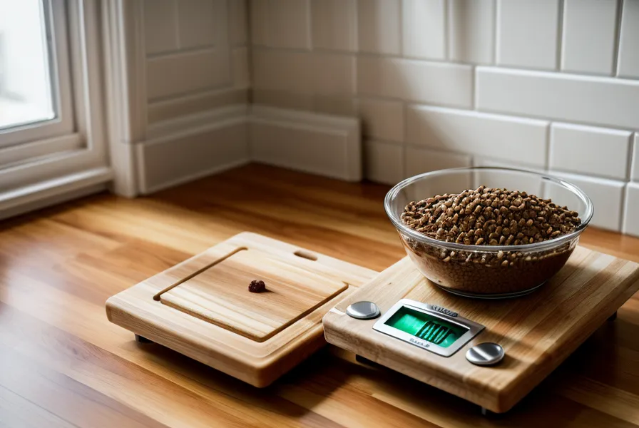 Báscula de cocina pesando una porción individual de comida casera para gatos, parte de la nutrición felina diaria