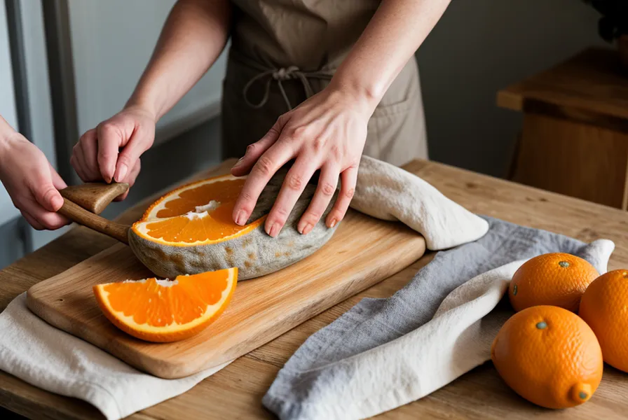 Primer plano de manos picando zapallo camote naranja vibrante sobre una tabla de madera rústica.