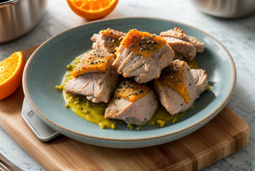 Balanza de cocina pesando trozos de pollo cocido y zapallo camote